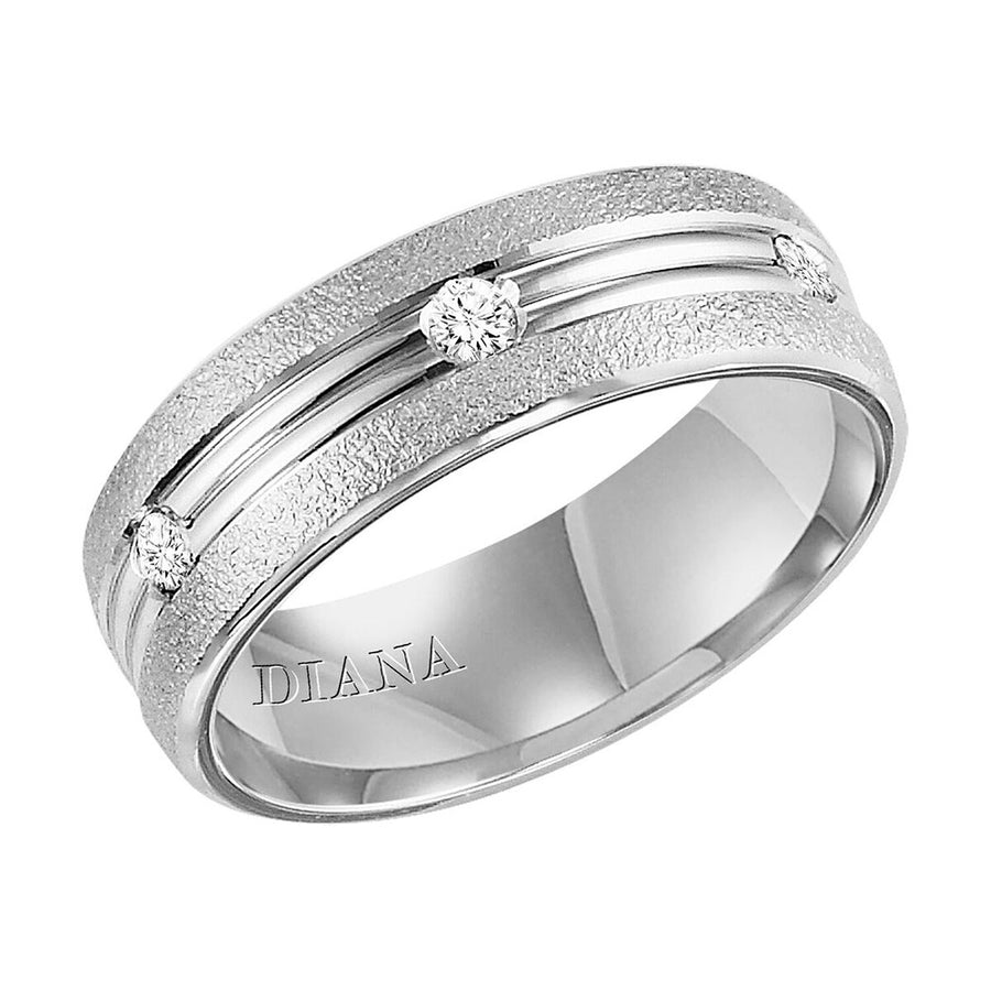 Diana 14K White Gold Soft Sand Finish and Diamond Detail Engraved Comfort Fit Wedding Band
