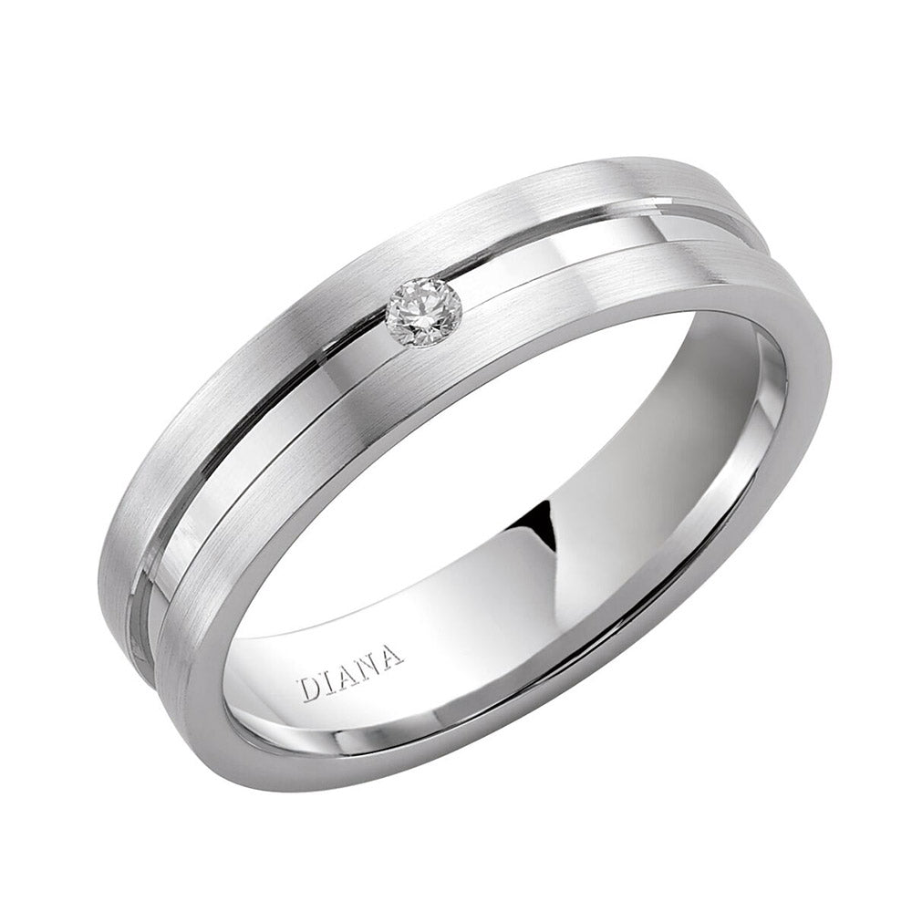 Diana 14K White Gold Satin Finish and Diamond Detail Engraved Comfort Fit Wedding Band