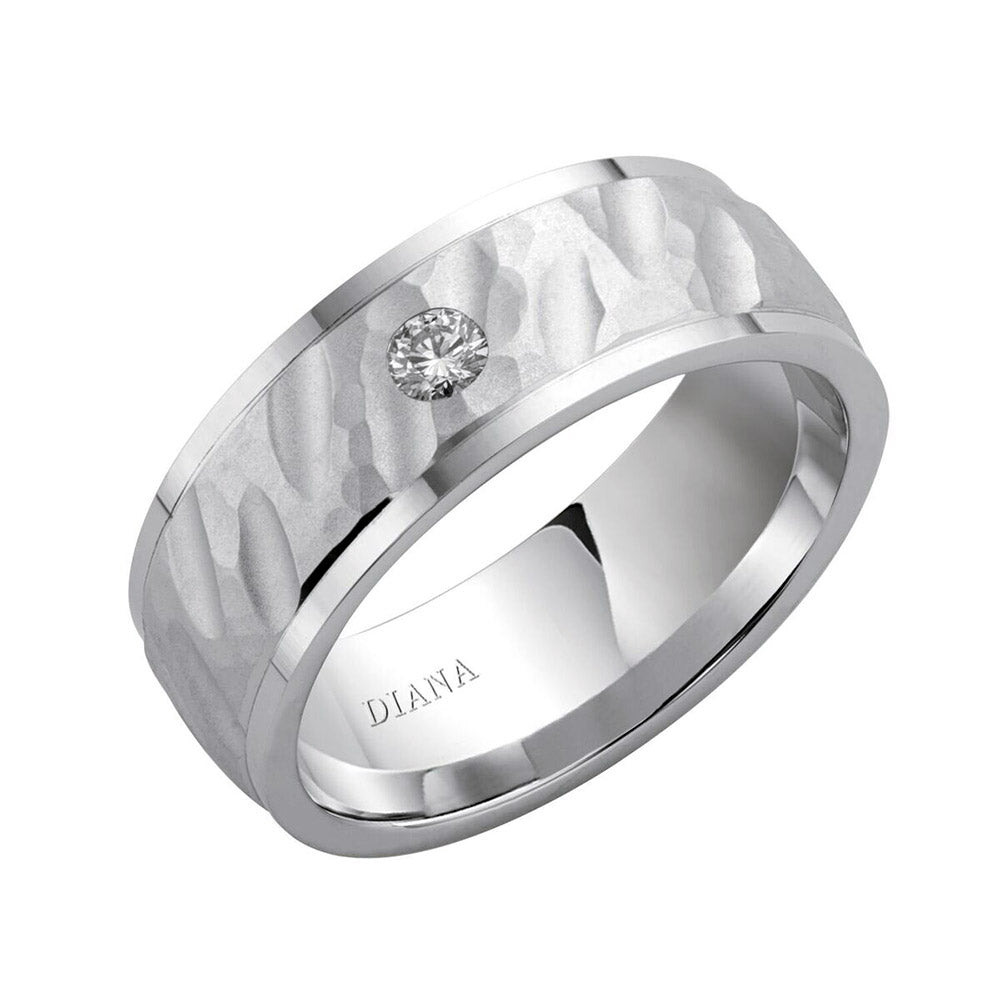 Diana 14K White Gold Textured Finish and Diamond Detail Engraved Comfort Fit Wedding Band