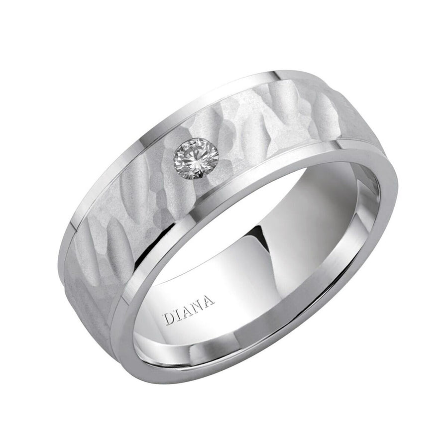 Diana 14K White Gold Textured Finish and Diamond Detail Engraved Comfort Fit Wedding Band