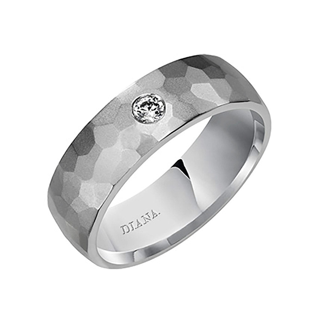 Diana 14K White Gold Hammered Finish and Diamond Detail Comfort Fit Wedding Band