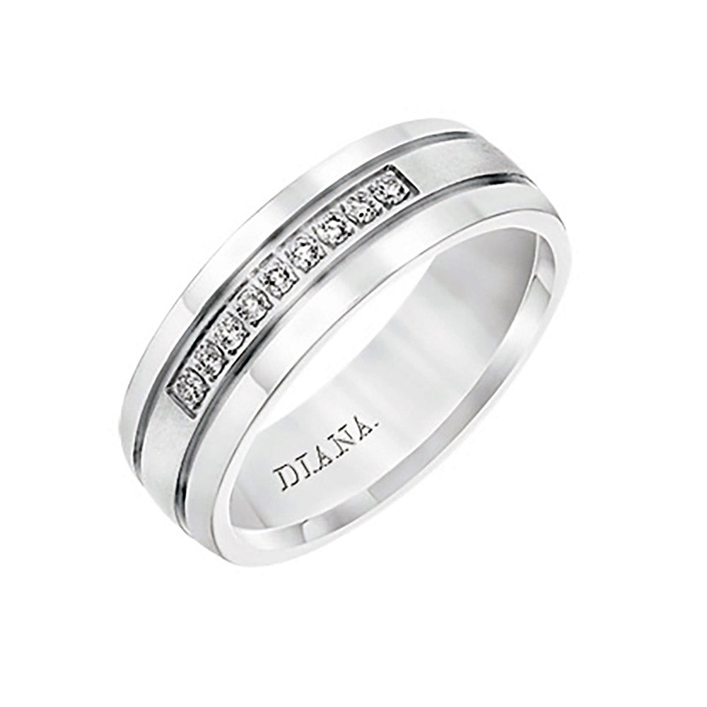 Diana 14K White Gold Satin Finish and Low Dome with Flat Edges Men's Diamond Wedding Band