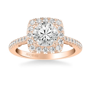 Artcarved Bridal Semi-Mounted with Side Stones Classic Lyric Halo Engagement Ring Loni 18K Rose Gold