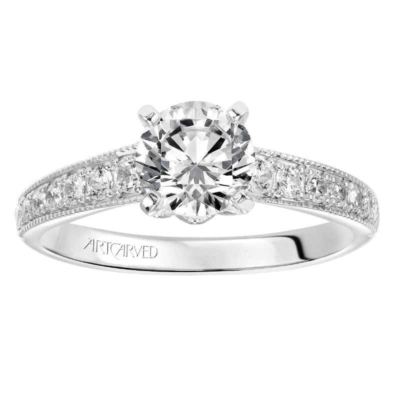 Artcarved Bridal Semi-Mounted with Side Stones Vintage Milgrain Diamond Engagement Ring Amelia 14K White Gold