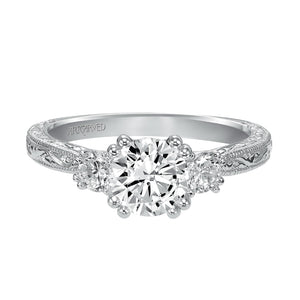 Artcarved Bridal Mounted with CZ Center Vintage Engraved 3-Stone Engagement Ring Anabelle 14K White Gold