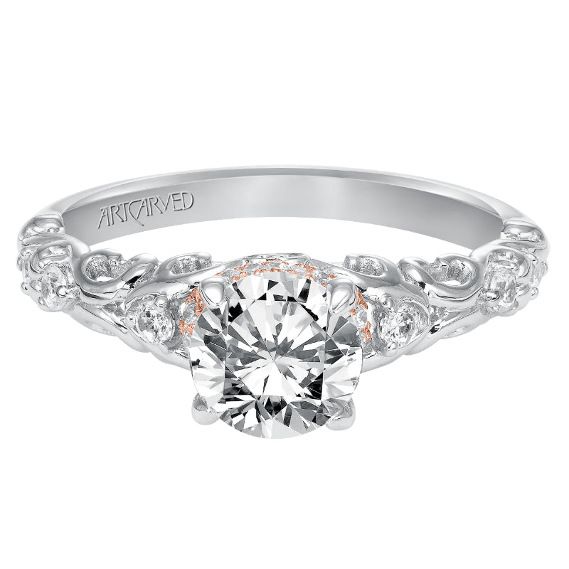 Artcarved Bridal Mounted with CZ Center Vintage Engagement Ring 14K White Gold Primary & 14K Rose Gold