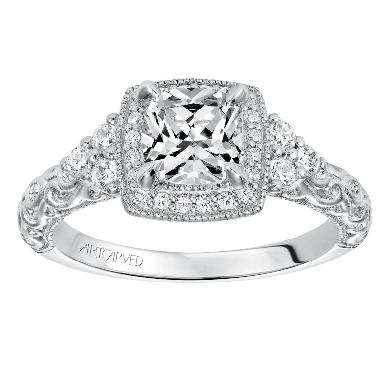 Artcarved Bridal Mounted with CZ Center Vintage Signature Halo Engagement Ring Alexandra 14K White Gold