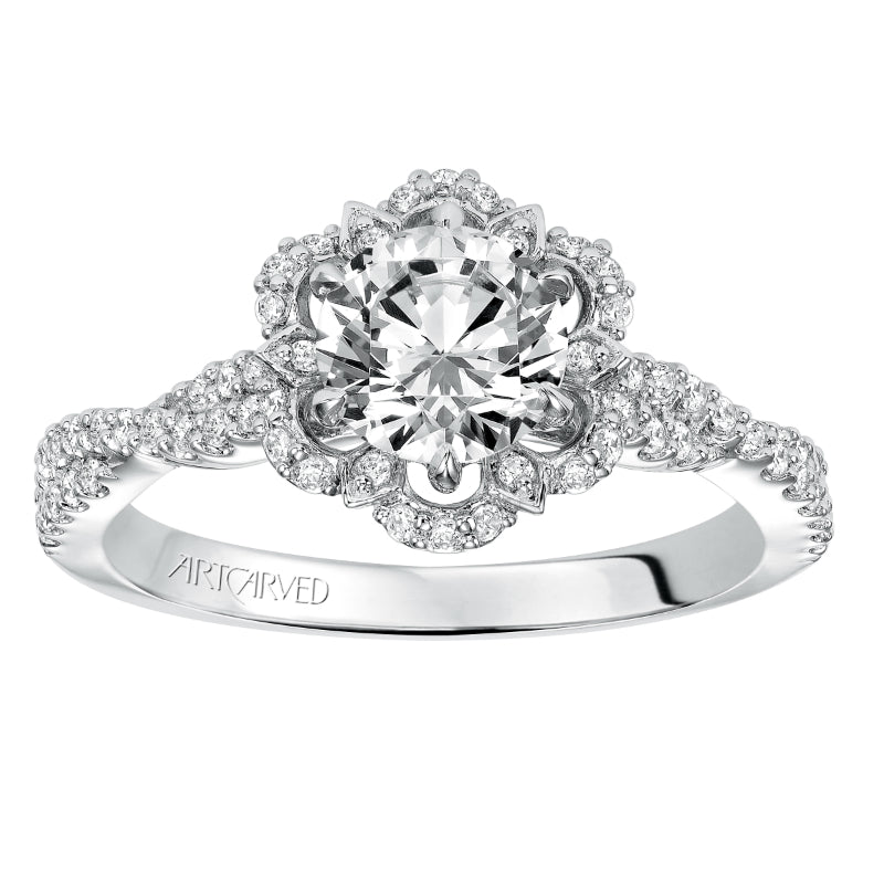 Artcarved Bridal Mounted with CZ Center Contemporary Floral Halo Engagement Ring Monique 14K White Gold