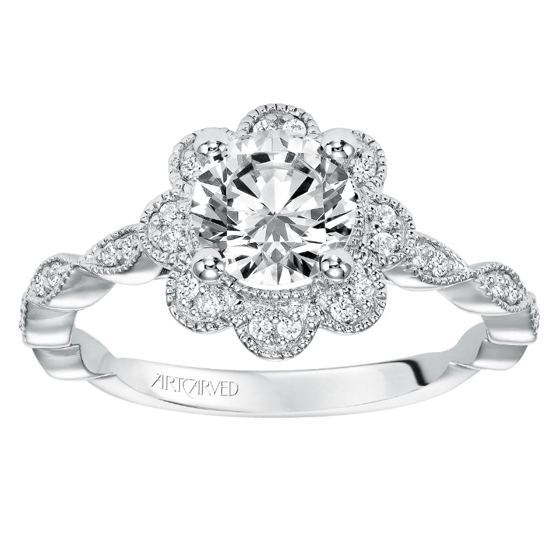 Artcarved Bridal Mounted with CZ Center Vintage Floral Halo Engagement Ring Sabina 14K White Gold
