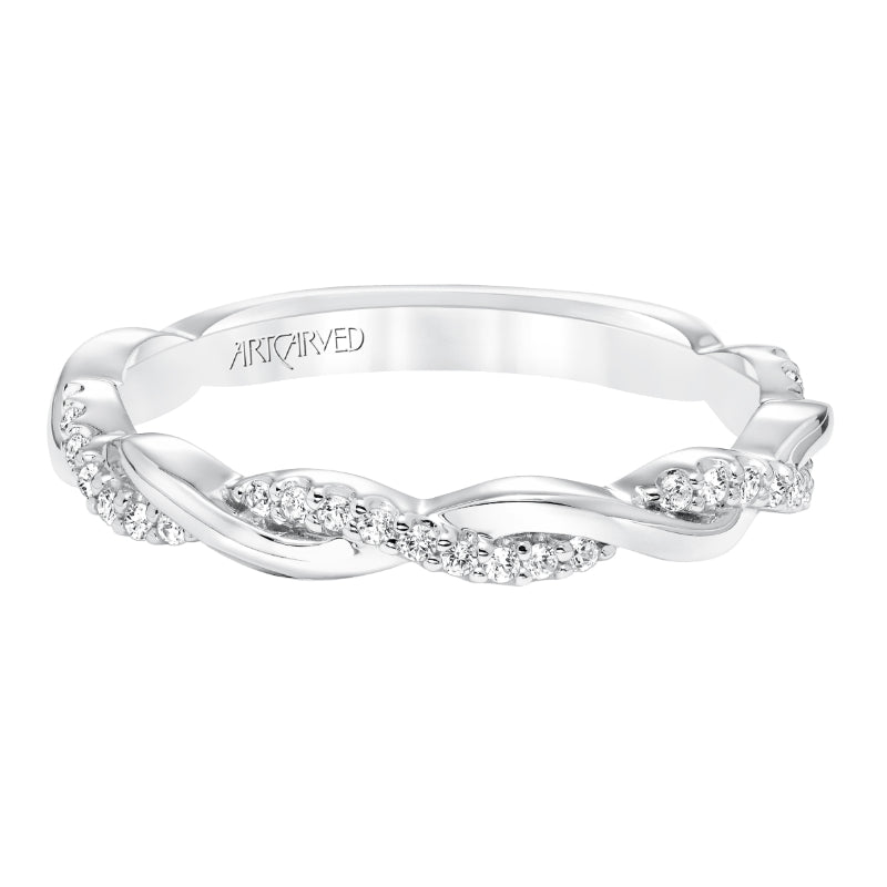 Artcarved Bridal Mounted with Side Stones Contemporary Twist Halo Diamond Wedding Band Kinsley 14K White Gold
