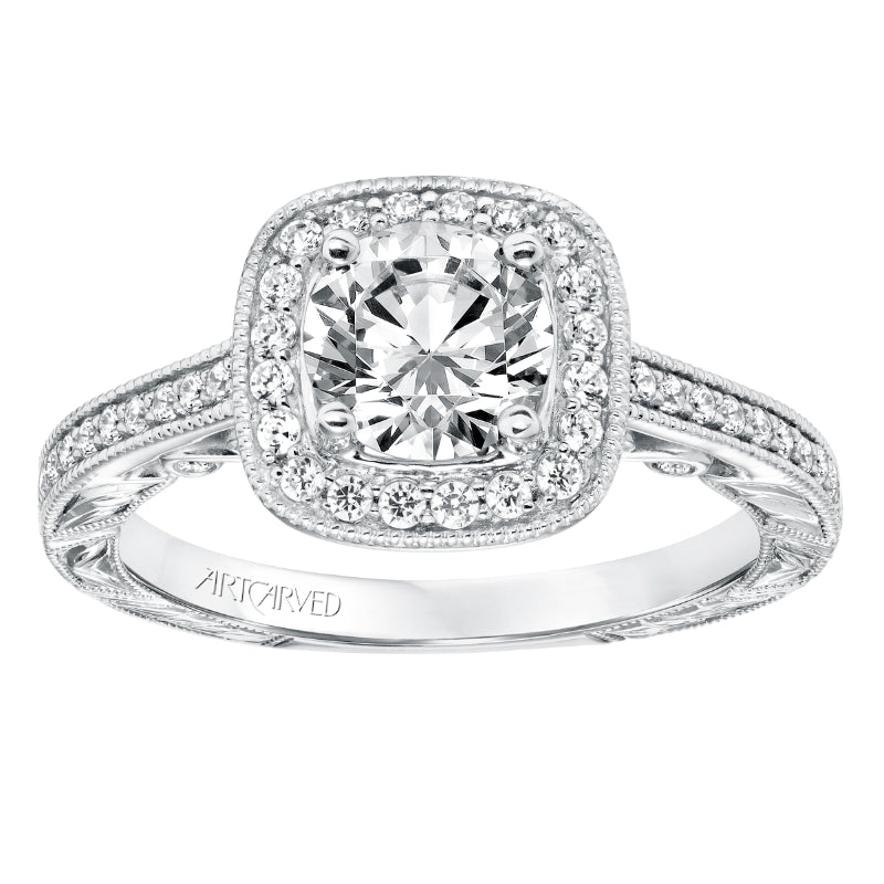 Artcarved Bridal Mounted with CZ Center Vintage Filigree Halo Engagement Ring Elspeth 14K White Gold