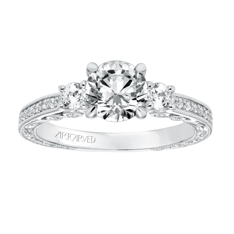 Artcarved Bridal Mounted with CZ Center Vintage Filigree 3-Stone Engagement Ring Rowan 14K White Gold