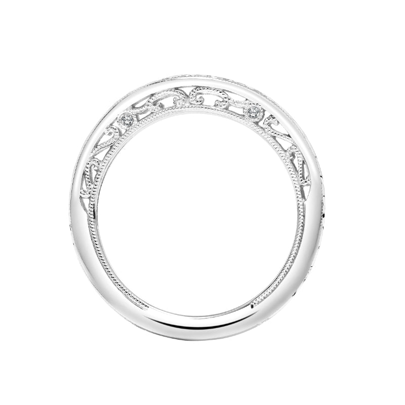 Artcarved Bridal Mounted with Side Stones Vintage Filigree Halo Diamond Wedding Band Ada 18K White Gold