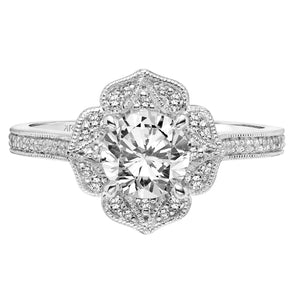 Artcarved Bridal Mounted with CZ Center Vintage Milgrain Halo Engagement Ring Martha 18K White Gold