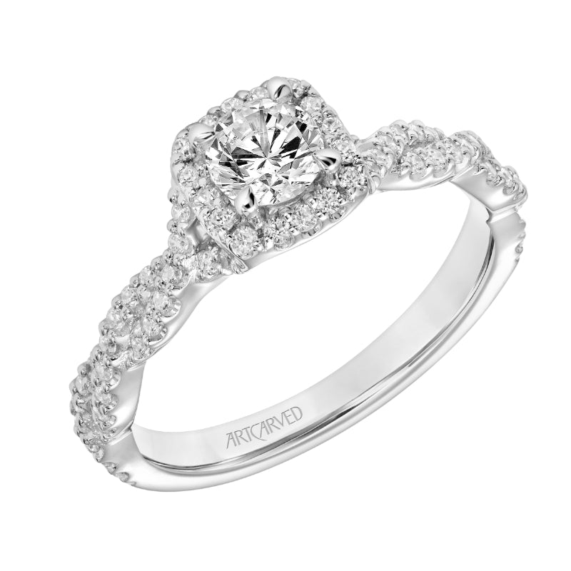 Artcarved Bridal Mounted Mined Live Center Contemporary One Love Halo Engagement Ring Eileen 18K White Gold