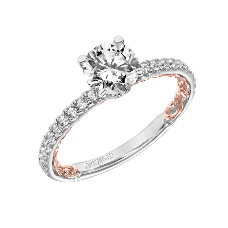 Artcarved Bridal Semi-Mounted with Side Stones Classic Lyric Diamond Engagement Ring Cora 18K White Gold Primary & Rose Gold