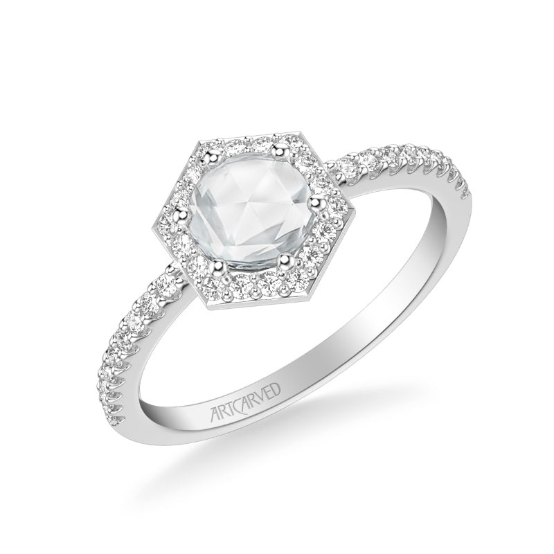 Artcarved Bridal Mounted Mined Live Center Contemporary Rose Goldcut Halo Engagement Ring Angelyn 18K White Gold