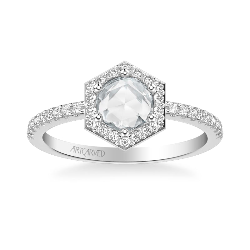 Artcarved Bridal Mounted Mined Live Center Contemporary Rose Goldcut Halo Engagement Ring Angelyn 18K White Gold