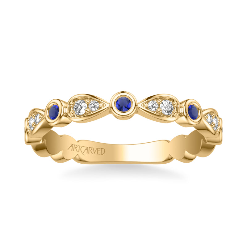 Artcarved Bridal Mounted with Side Stones Contemporary Anniversary Ring 18K Yellow Gold & Blue Sapphire