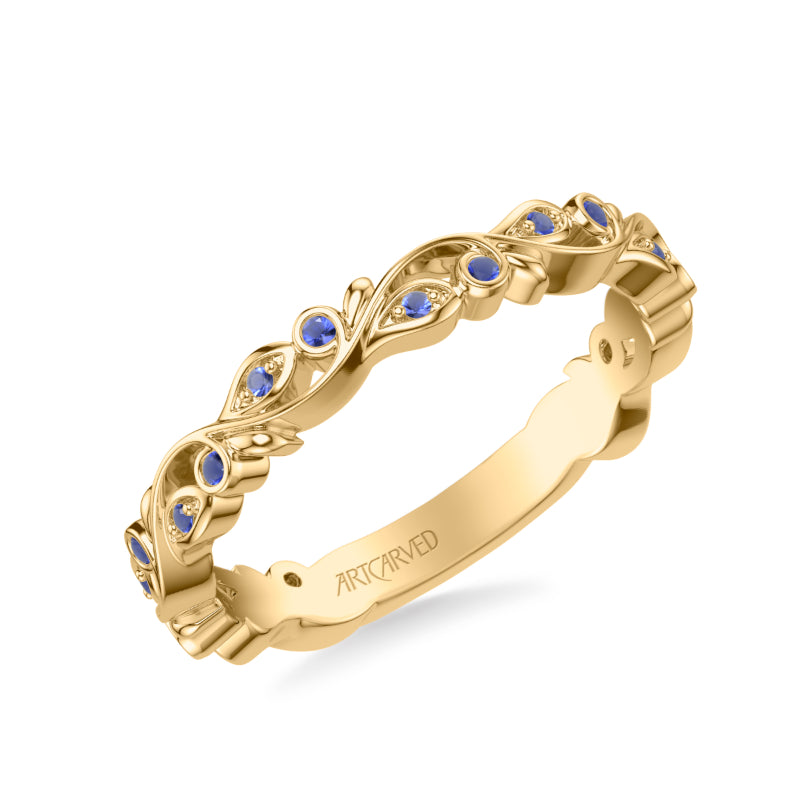 Artcarved Bridal Mounted with Side Stones Contemporary Anniversary Band 14K Yellow Gold & Blue Sapphire
