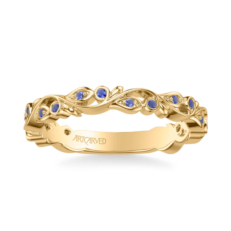 Artcarved Bridal Mounted with Side Stones Contemporary Anniversary Band 14K Yellow Gold & Blue Sapphire