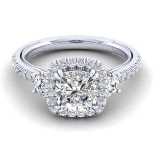 Gabriel & Co. 14k White Gold Victorian 3 Stone Halo Engagement Ring