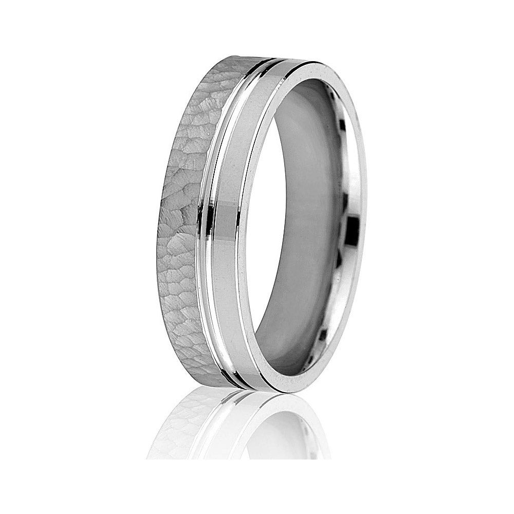 Gravure 14k White Gold 6mm Hammered and Smooth Comfort Fit Wedding Band