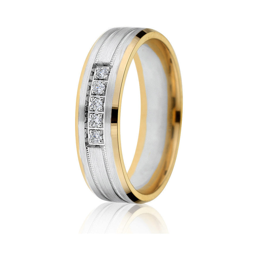 Gravure 14k Two Tone Gold 6mm Comfort Fit Carved 0.06ct Diamond Wedding Band