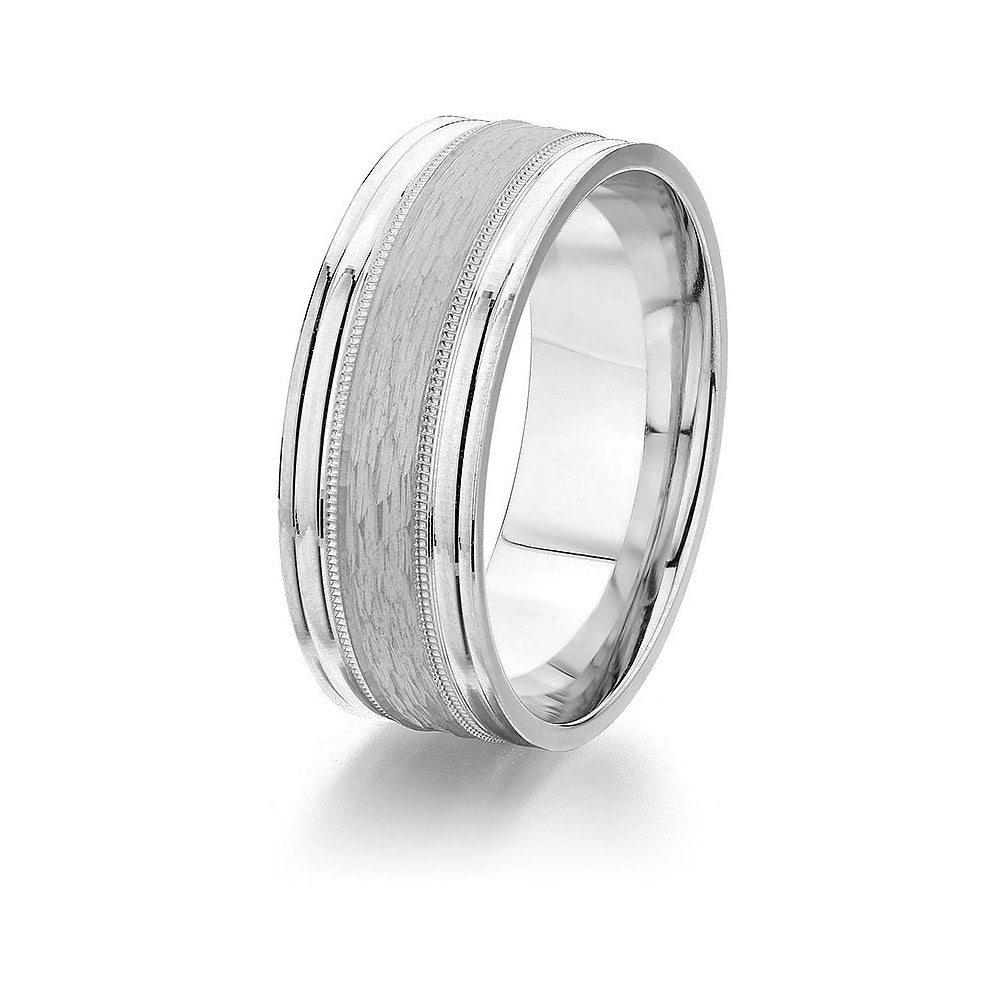 Gravure 14k White Gold 8mm Comfort Fit Engraved with Milgarin Wedding Band