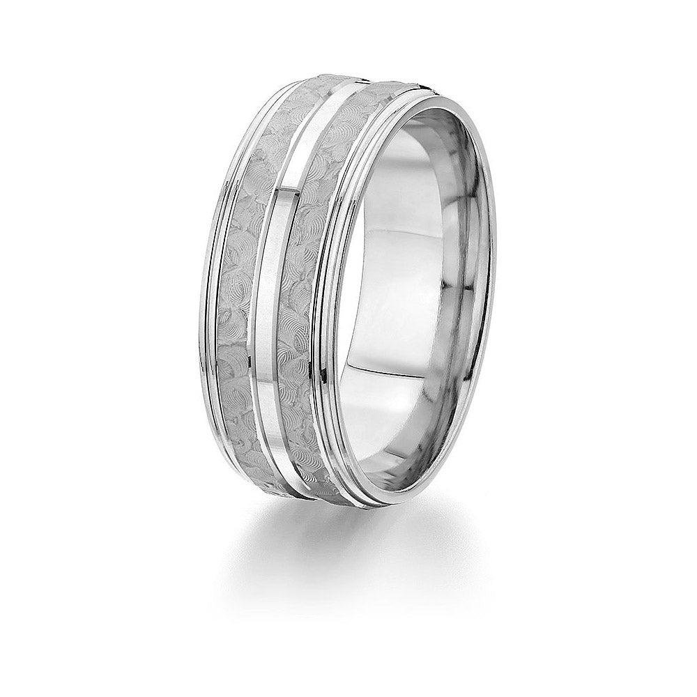 Gravure 14k White Gold 8mm Hammered and Smooth Comfort Fit Wedding Band